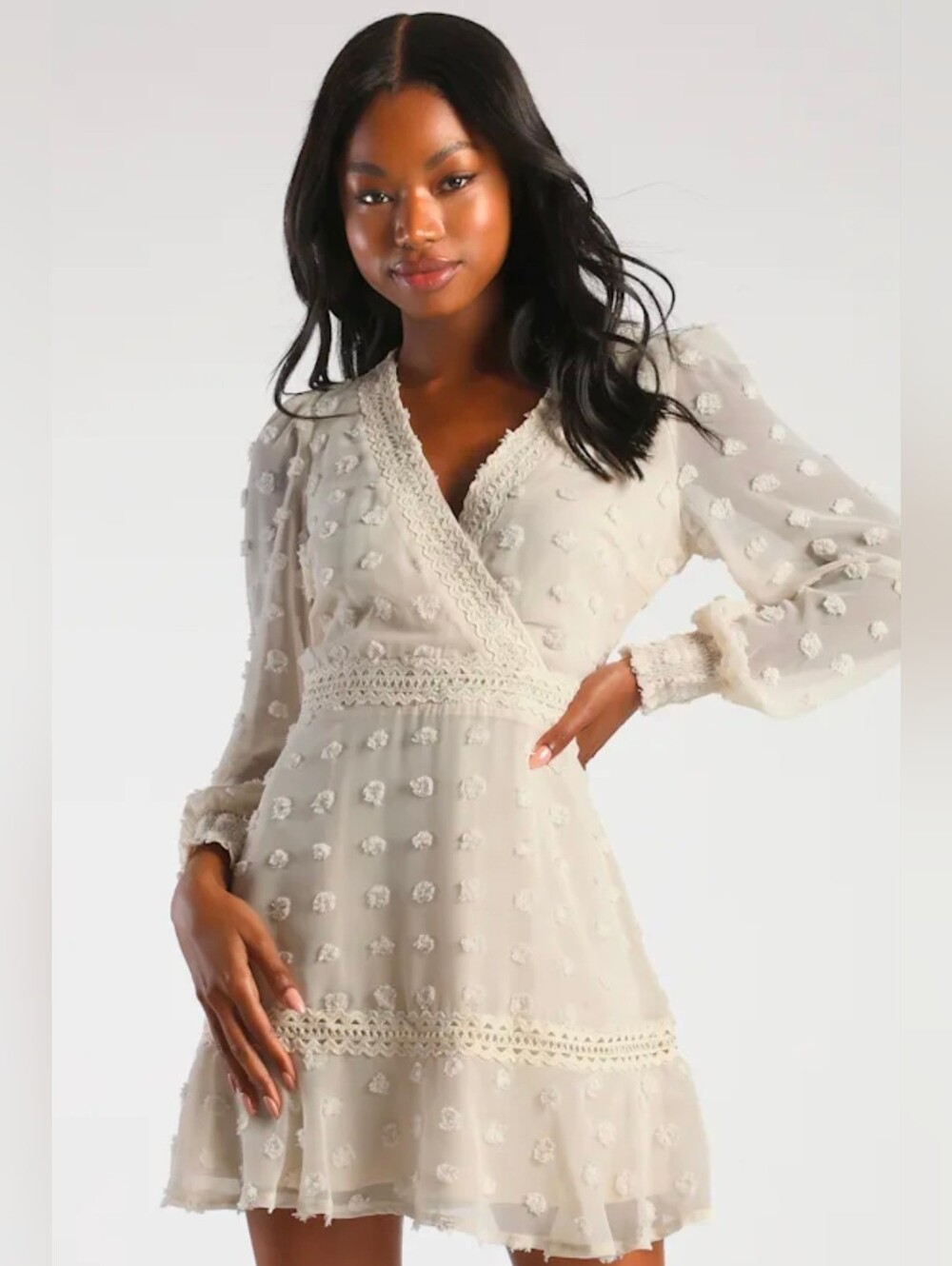 ❤️ NWT! LULUS MIGHT BE MAGIC IVORY CLIP DOT LONG SLEEVE MINI DRESS, XL